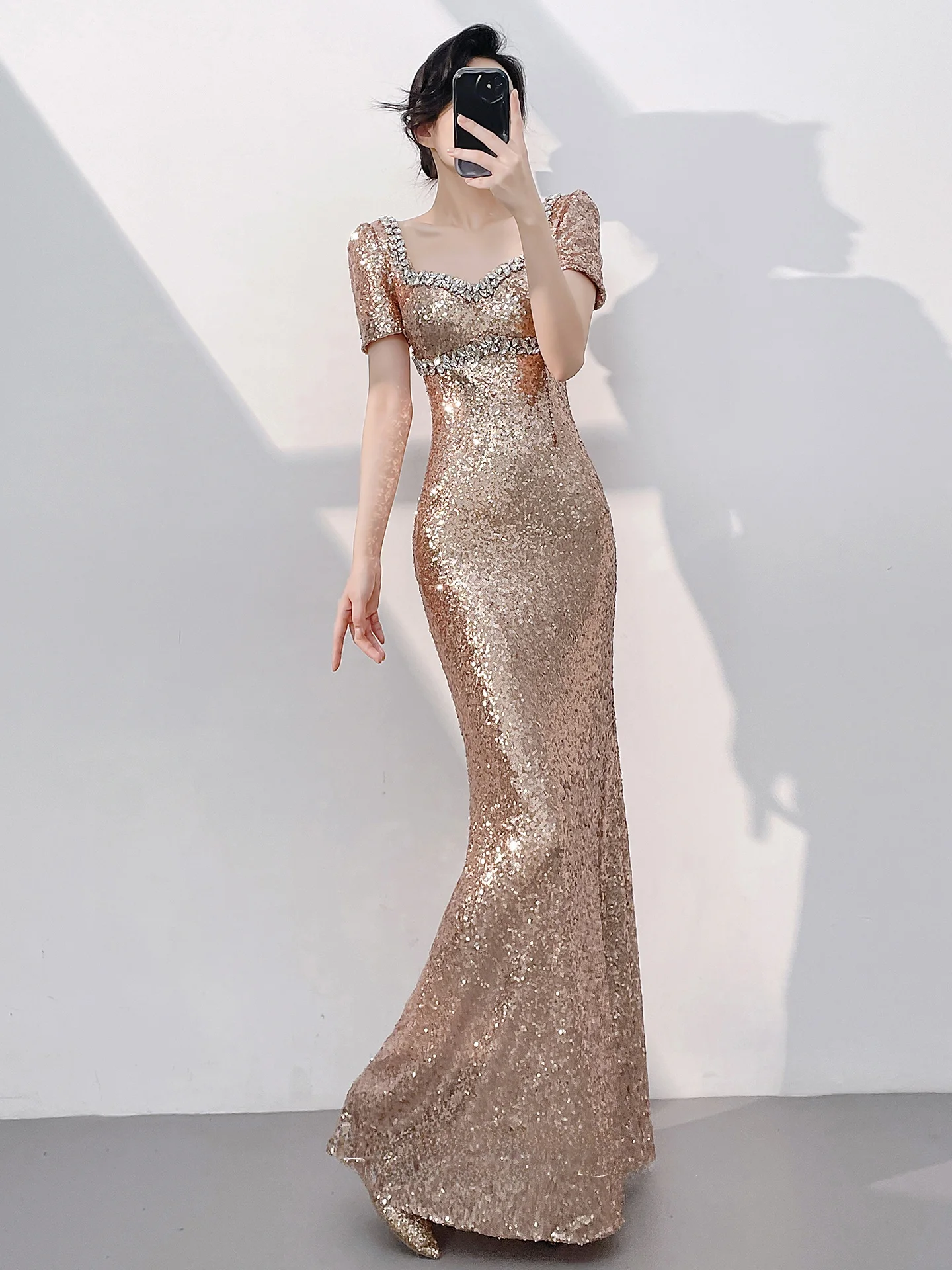 

Ele Evening Gown Women's New 2026 High-End Sensation Beautiful Rose Gold Host Fi Tail Sequin Skirt Faionable mid Waist