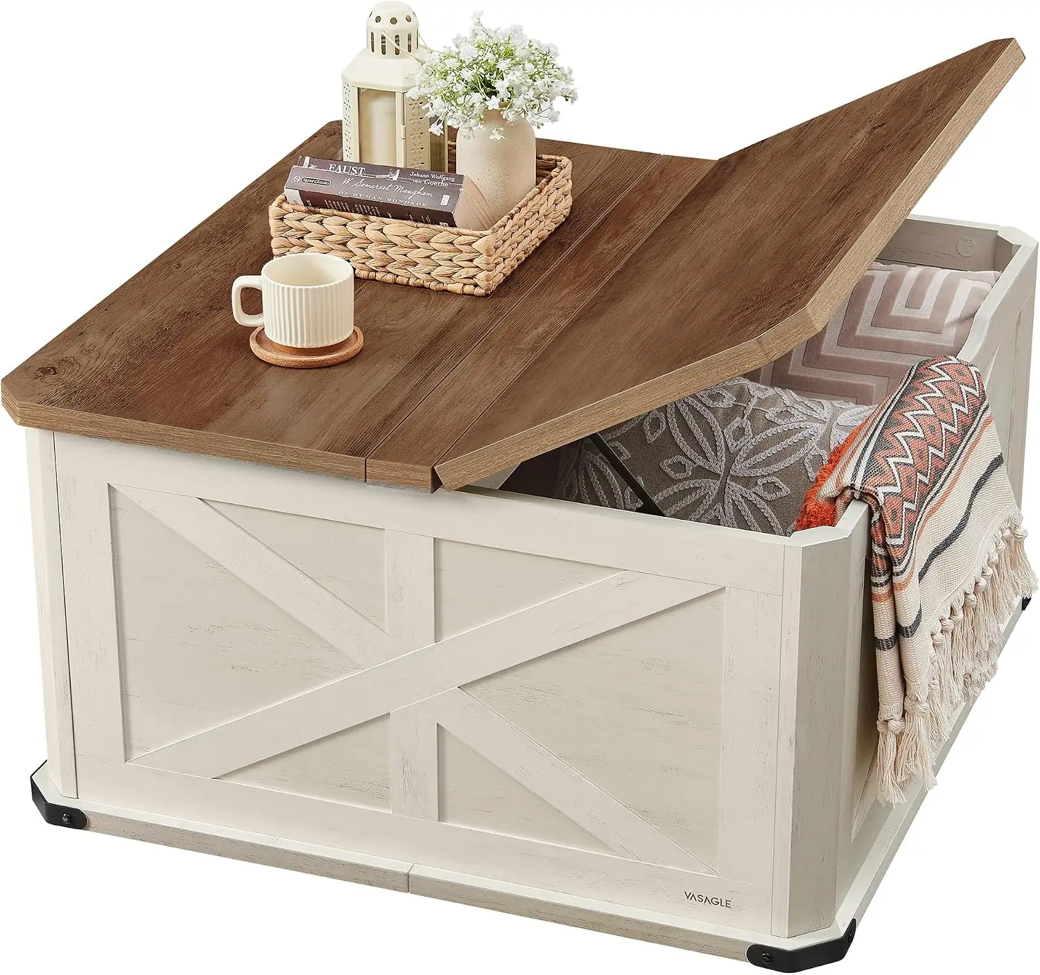 Collection - Farmhouse Coffee Table with Storage, Square Coffee Table for Living Room, Center Table with Flip-Top Lids, Honey Brown and Rustic White