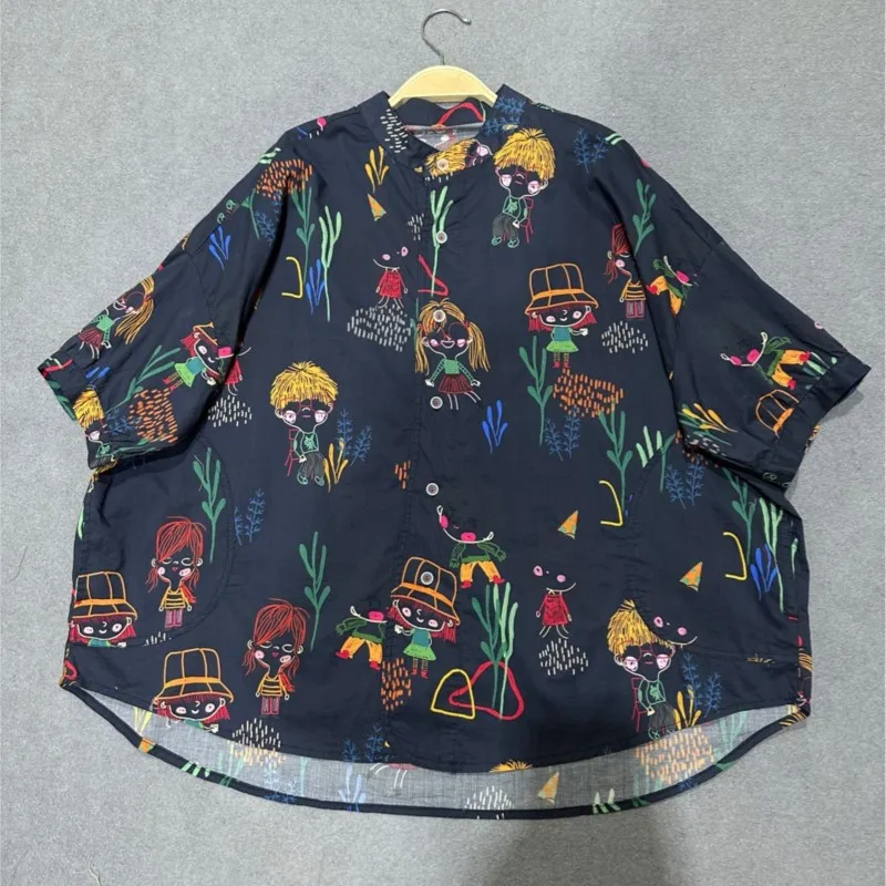 Johnature Japanese Cotton Fashion Cartoon Summer New Thin Harajuku Short Shirts Women 2024 Casual Simple Loose Print Tops Blouse