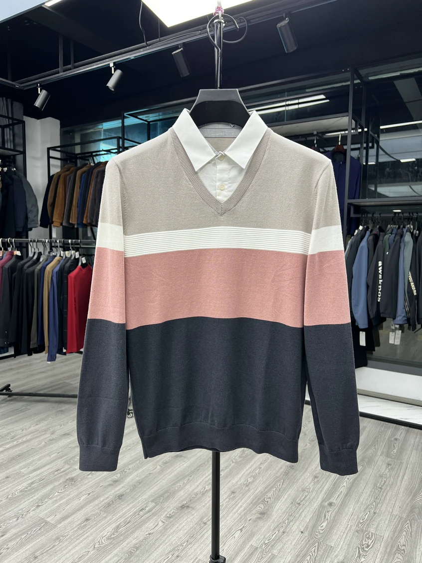 

Simple Color Blo Knitwear irt Collar Sweater Fake Two-Piece Crew Ne Base irt Top for Men Casual Breathable Long Sve