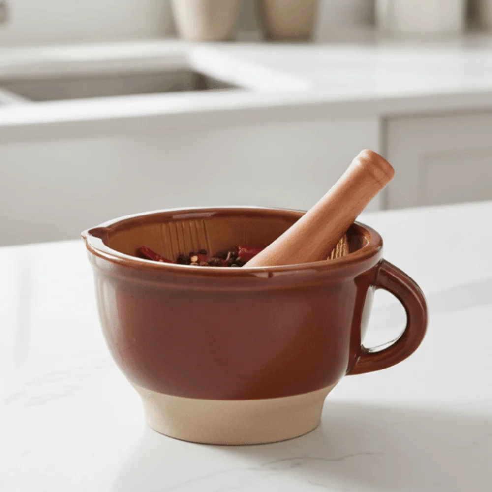 Rustic Style Ceramic Mortar and Pestle Set with Handle Non-Slip Base Garlic Grinding Bowl V Shape Diverter Brown