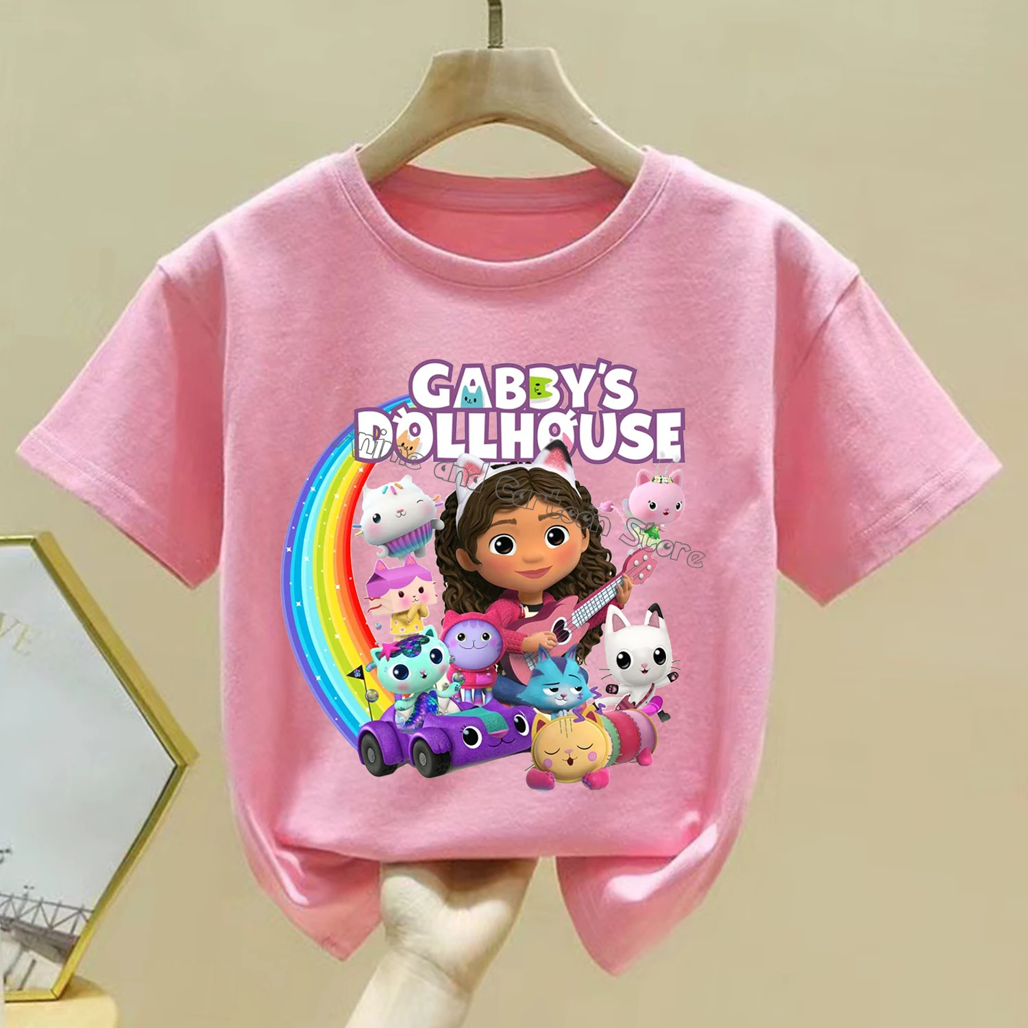 Gabby Dollhouse New T-shirt Children Cute Cartoon Summer Clothes Fashion Girl Pink Short Sleeve Anime Loose Clothing Kid Tee Top