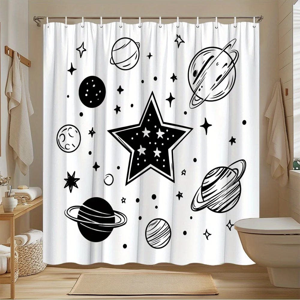 1pc Shower curtain with pentagram, planet and star pattern, polyester, with hooks, suitable for bathroom décor.