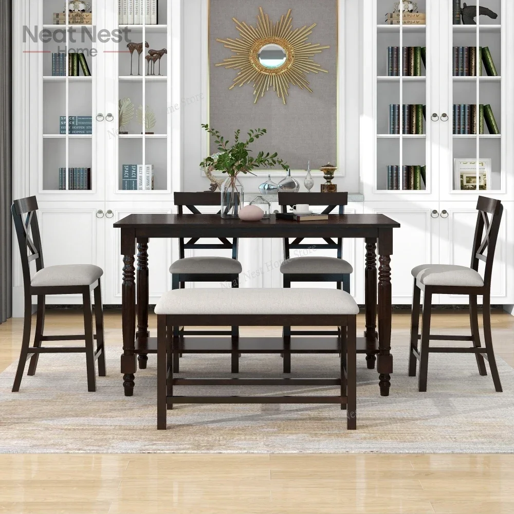 

TREXM 6-Piece Counter Height Dining Table Set Table with Shelf 4 Chairs and Bench for Dining Room,dining chairs luxury(Espresso)