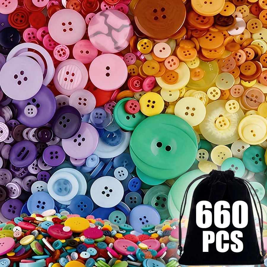 

660 шт. цветных швейных пуговиц с 1 сумкой для хранения (20x15 см), круглые пуговицы из смолы разных размеров для рукоделия, шитья, одежды