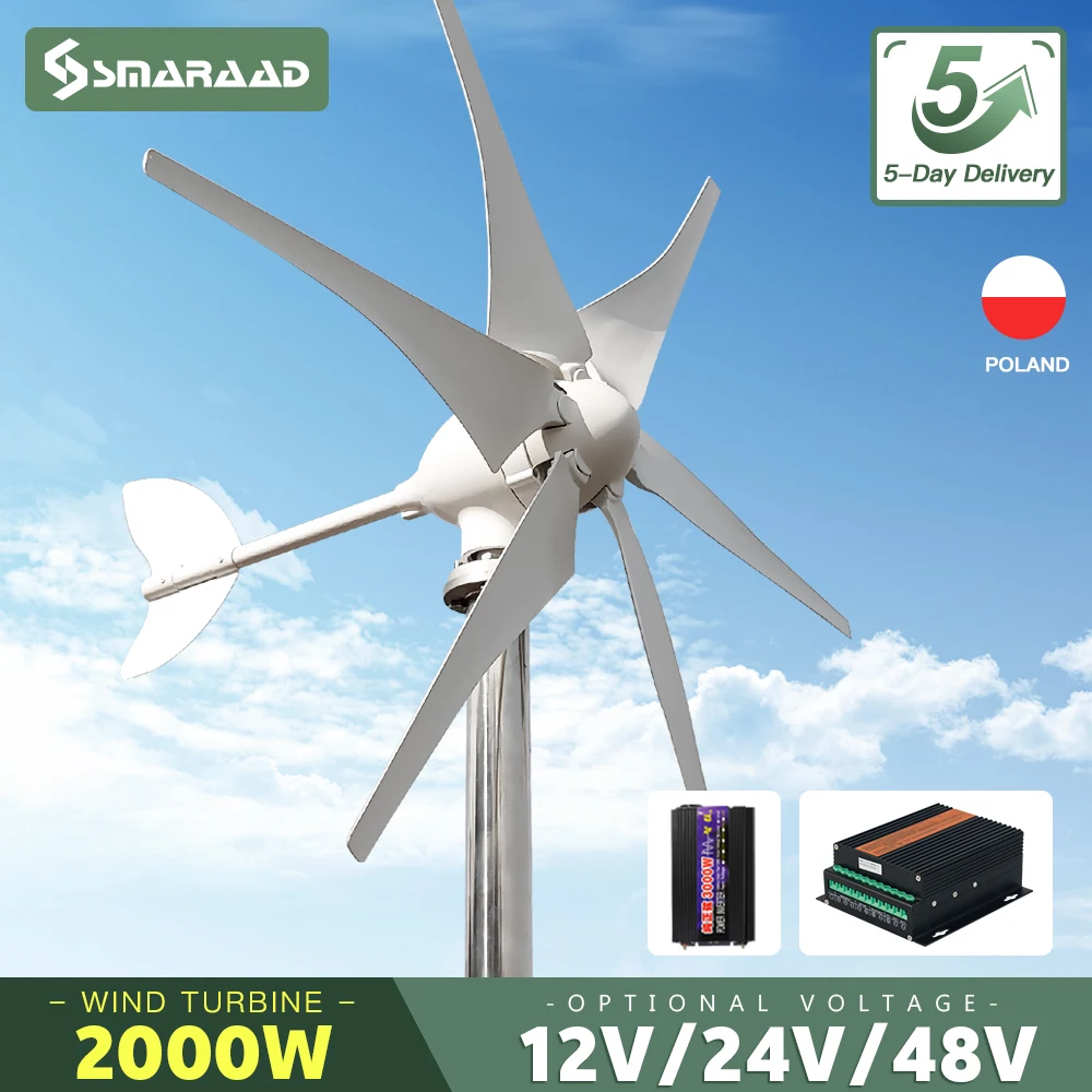 2kw 2000w Horizontal Wind Turbine Generator 48V 24V 12V Free Energy Magnetic Dynamo Strong Power 220v Inverter Output For Home