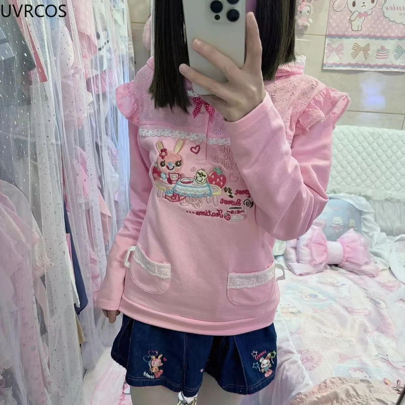 Sweet Kawaii Cartoon Embroidery Women T-shirt 2024 Ropa Mujer Bow Hooded Long Sleeve Tees Tops Japan Y2k Aesthetic Anime Tshirts