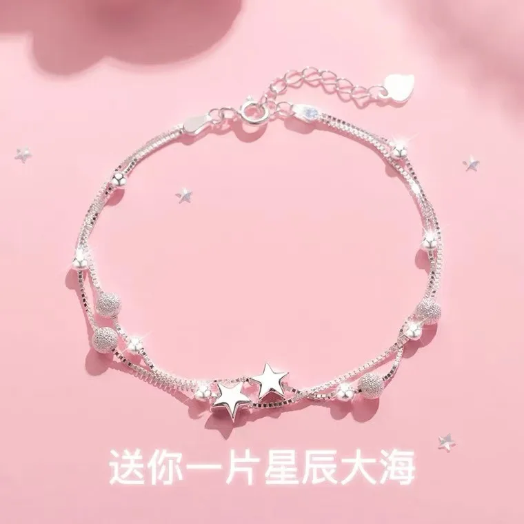 Braccialetto coreano placcato argento 925 per donna Versatile accessorio di nicchia per bracciale a stella a doppio strato di fascia alta