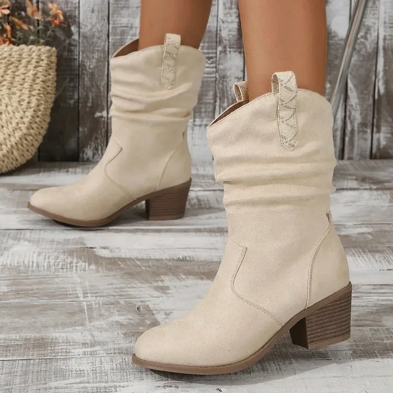 Bottes en cuir à tête ronde pour femmes, couvre-visage blanc, bottes à manches larges et moyennes, mode automne, nouveau