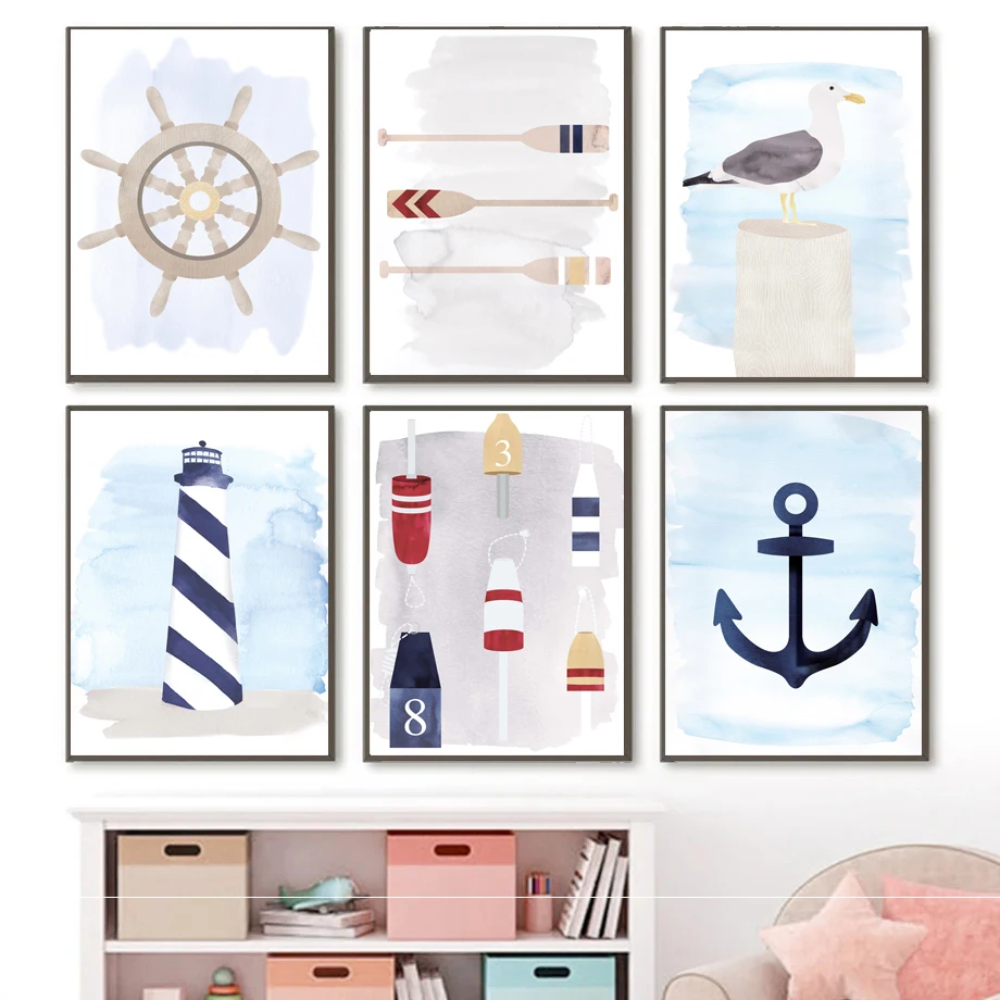 

Lighthouse Sailboat Whale Crab Seagull Nautical Themed Wall Art Canvas Print Painting Poster Boho Pictures Baby Kids Room Decor