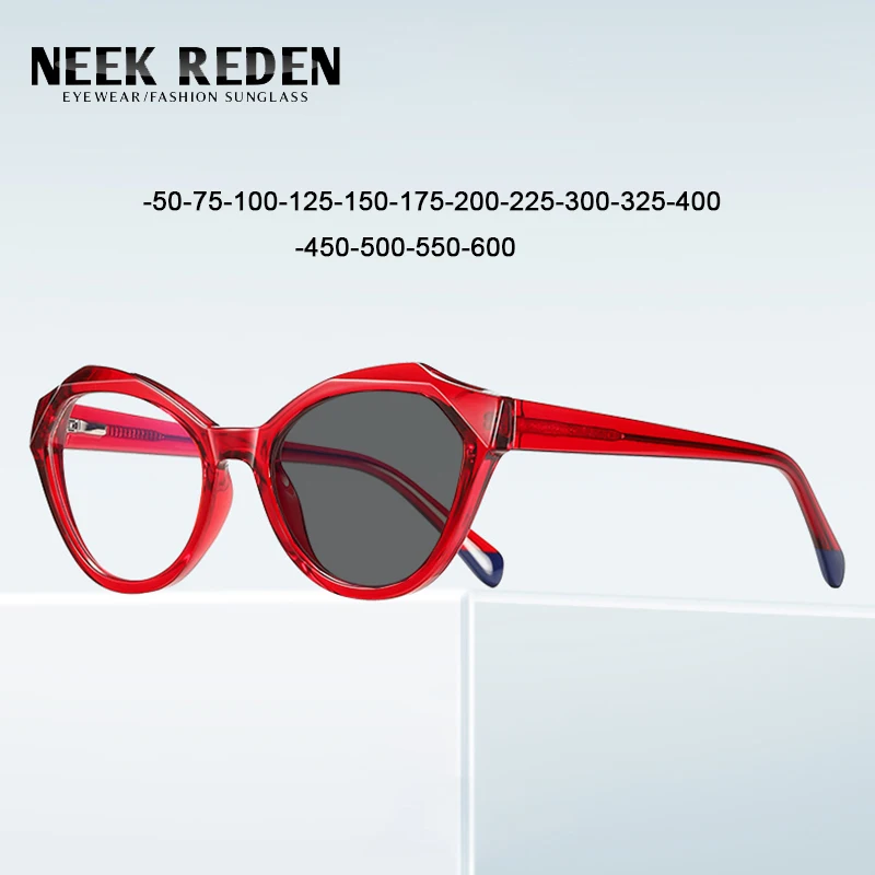 TR90 Red Polygon Photochromic Myopia Glasses Women High Cat Eye Frame Shortsighted Prescriptio Sunglasses -75 -225 -325 -375