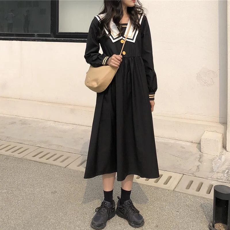 Japan Preppy Style Long Dress Female Clothing Sailor Collar Spring Autumn Contrasting Colors Stylish Patchwork A-Line Dresses
