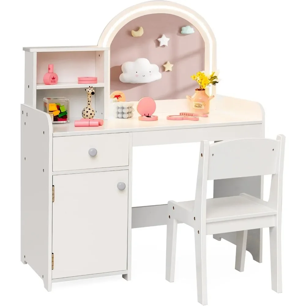 Kids Vanity, Makeup Desk & Chair Set with Lighted Mirror, Drawer, Storage Shelves & Cabinet, Toddler Dressing Table, Vanity Set