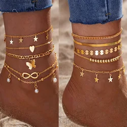 Bohemia Gold Color Snake Ankle Bracelet Set For Women Butterfly Key Lock Charm Multiple Styles Anklet Chain On Leg Boho Jewelry