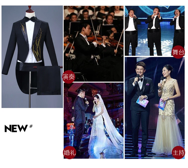 Men's Tail-Coat Diamond Embroidery Tuxedo Tailcoat Slim Fit Dress Suit Men Party Wedding Dinner Jacket