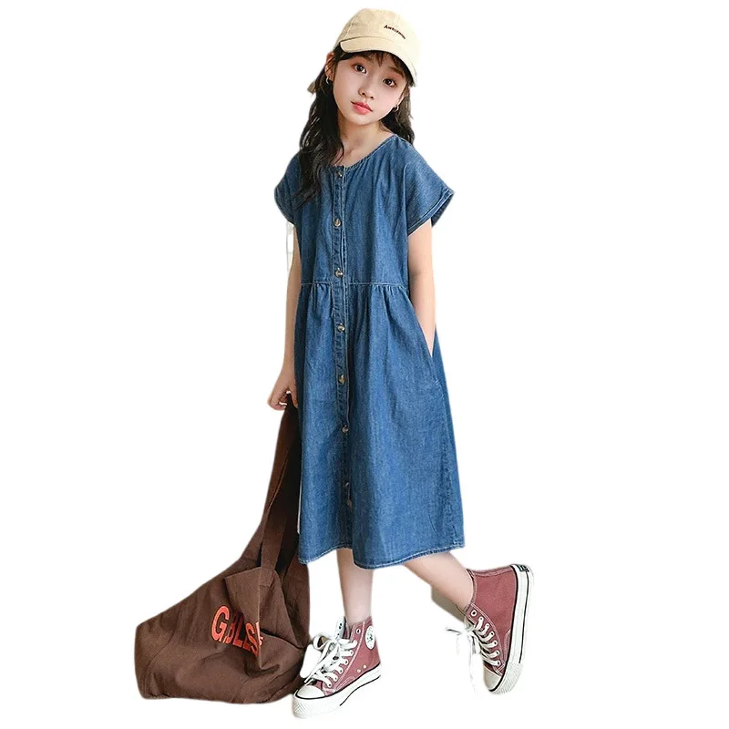 

New Girls Denim Dress Blue Jean Short Sleeve Button Front Clothes Fashion Children A-Line Pocket Summer Casual Toddler Outfit