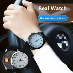 Men's Real Watch Style Metal Coil Lighter, Rechargeable USB Cigarette Lighter, Outdoor Flameless Cigarette Accessory