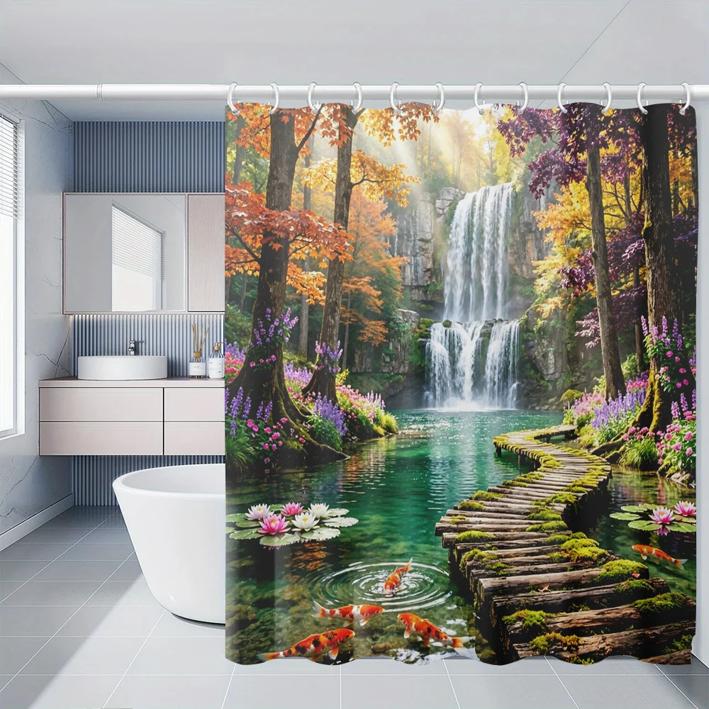 Waterproof Waterfall Forest Shower Curtain Polyester Print Bathroom Decor Nature Tropical Landscape Curtain Panel for Modern Hom