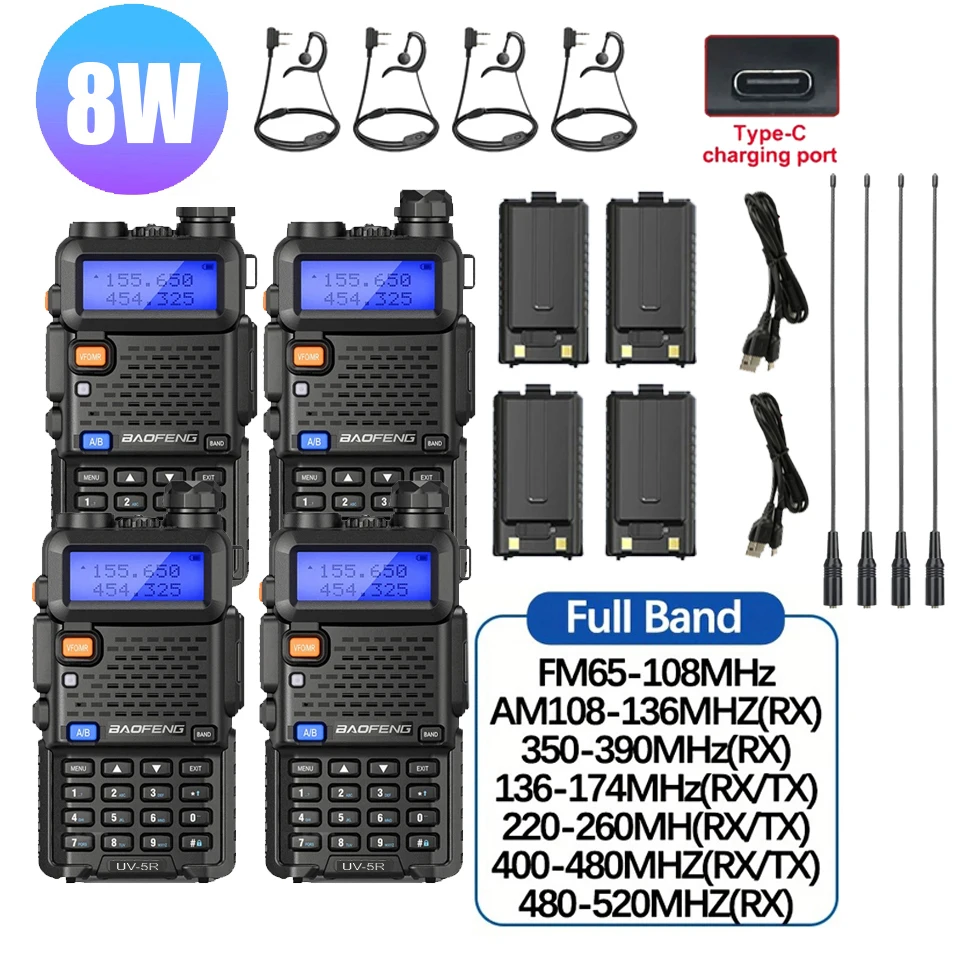 

4Pcs Baofeng UV-5R 8W/5W Tri-Power Walkie Talkie High Power Dual Band Long Range Portable Handheld UV 5R Radio