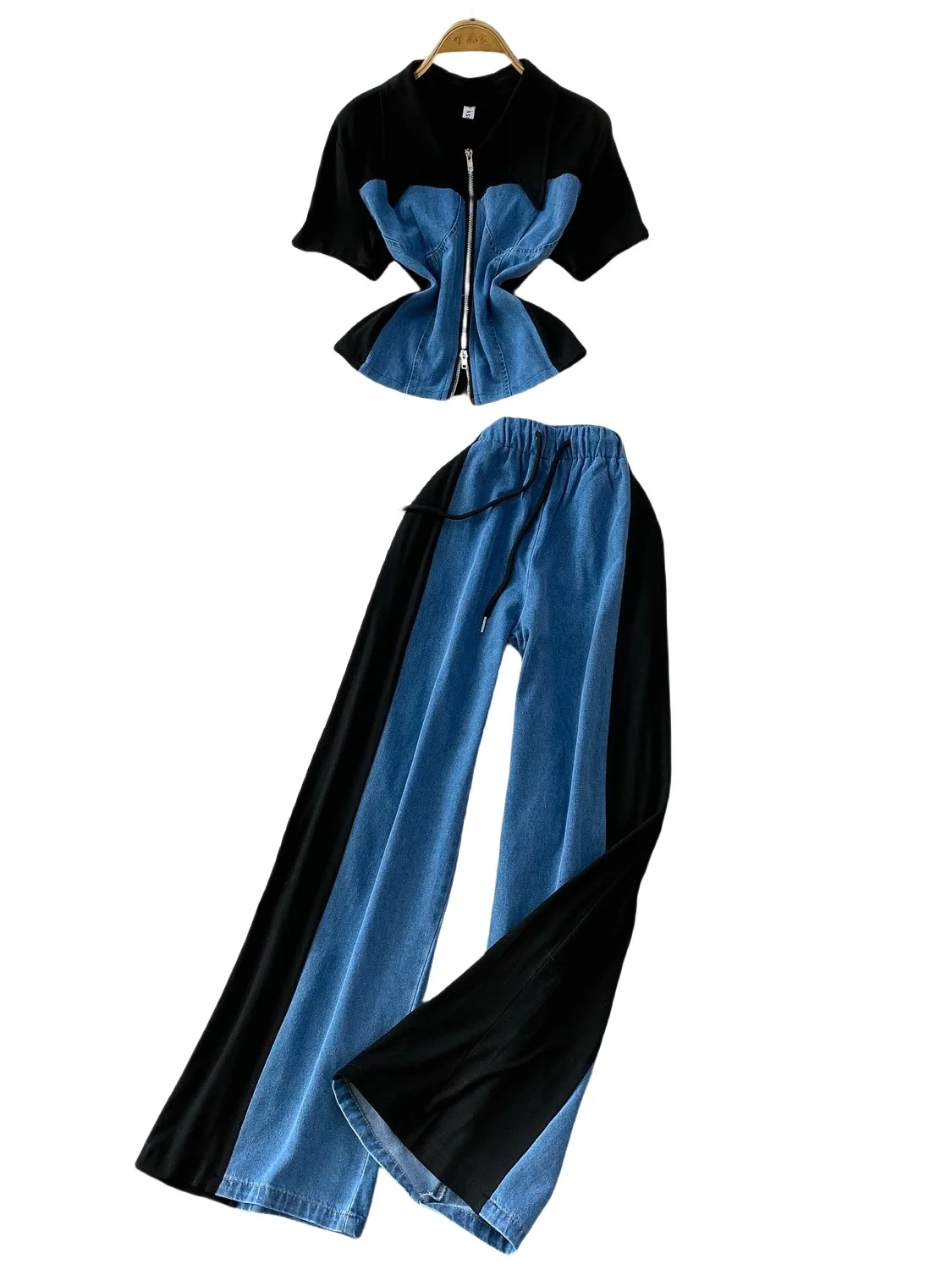 

American Retro Denim Patchwork Double Zipper Collar Jaet Top plus Casual High Waist Slimming Wide Leg Pants Two Piece Set