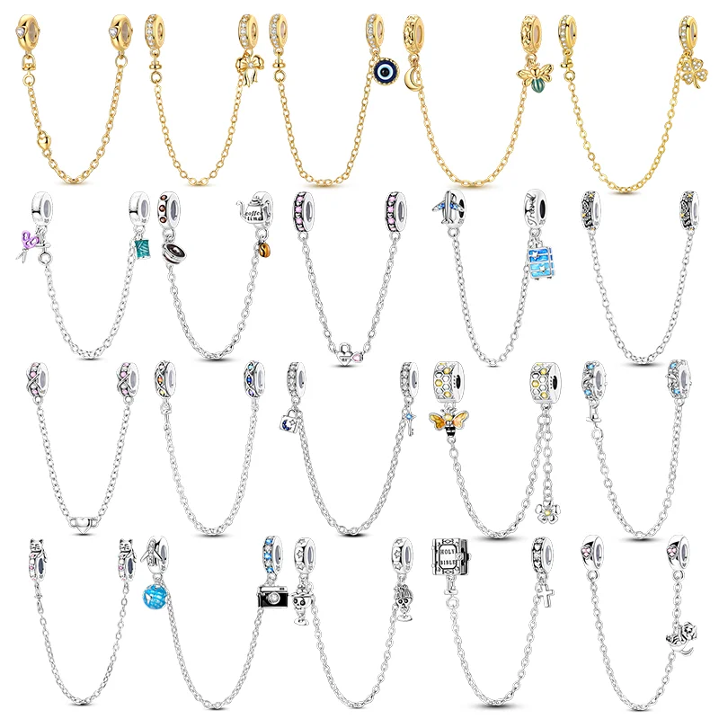 Sicherheitskette aus 925er Sterlingsilber mit Perlen, Kamera-, Erd-, Kleeblatt- und Schleifenanhängern, passend für Armbänder, zum Selbermachen von Schmuck für Damen