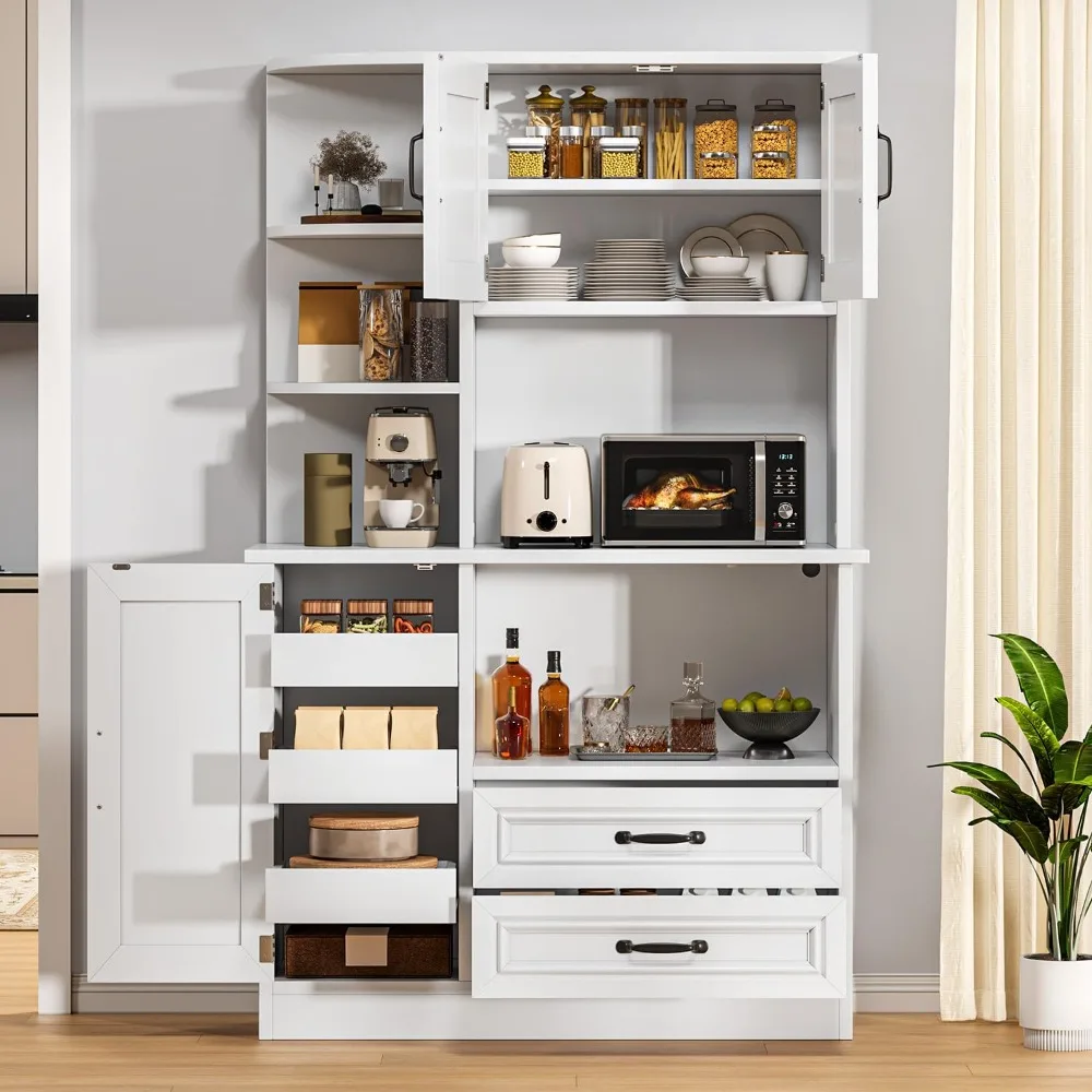 

Kitchen Pantry Storage Cabinet, 64" H Kitchen Hutch Cabinet with Power Outlet, Sliding Racks with Door, Drawers with Doors and