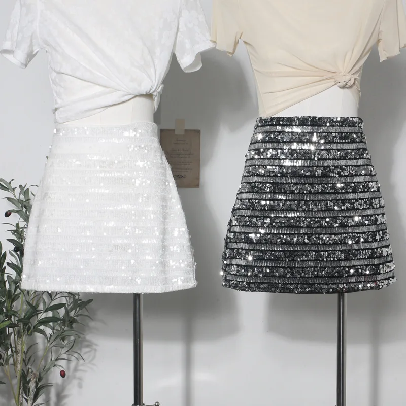 

2026 Юбка с блестками в стиле ретро, женская полосатая юбка Spice Girl с завышенной талией и трапециевидным словом