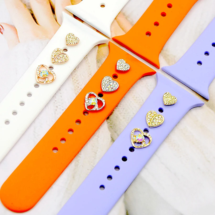 3-Pcs Studs For Apple Watch Band Ultra 2 Rhinestone Heart Graceful Style Decorations For Smart Watch And Apple Watch Strap 44MM