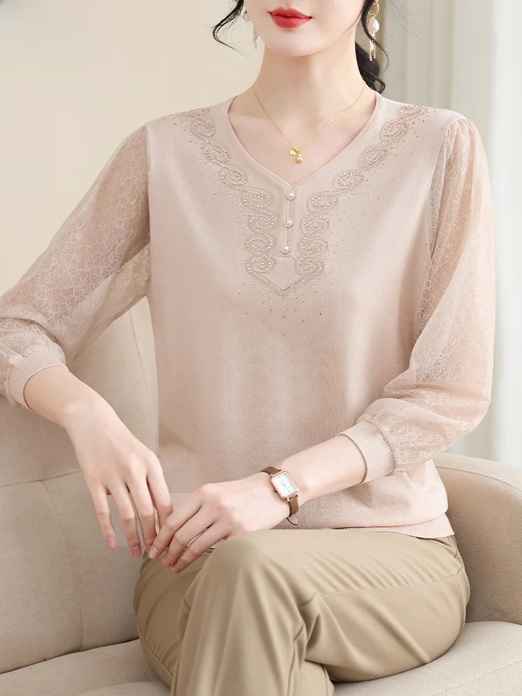 

Модный весенний вязаный свитер с кружевными рукавами для женщин среднего и старшего возраста, элегантная короткая футболка для дам.