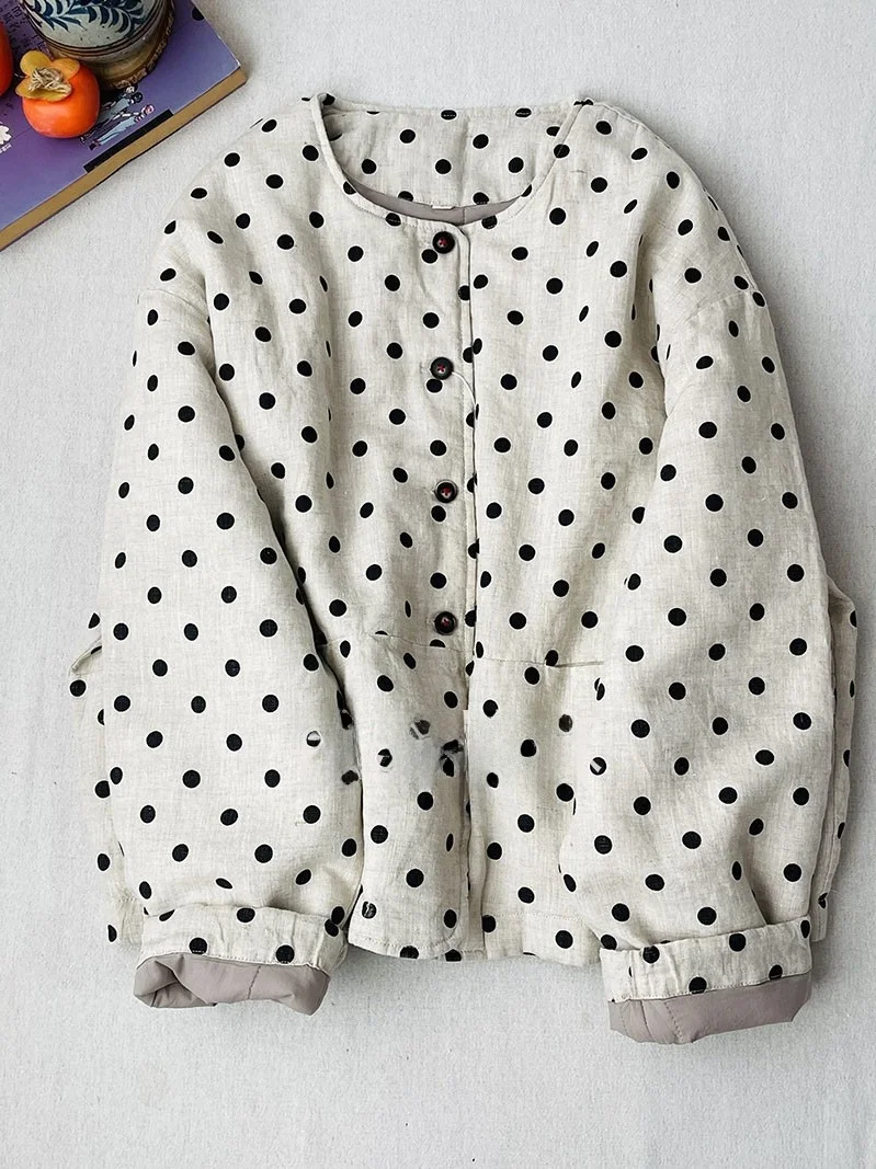 Thickened Cotton Linen Jacket Women's Winter Coat round Neck Retro Style Warm Cotton Clothes Artistic Polka Dot Design