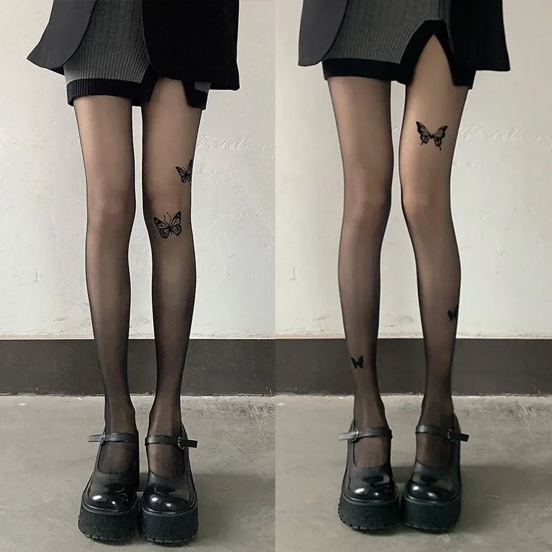 

New Black Silk Personality Printed Stockings Spring Summer Thin Bare Leg Artifact Flocked Pantyhose Women