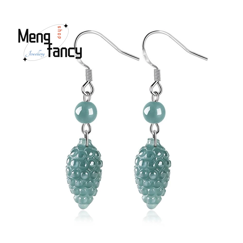 

Natural A-goods Jadeite Blue Water Pine Cone Earrings S925 Silver Ice Jade Sexy Young Girls Fashion Luxury Quality Fine Jewelry