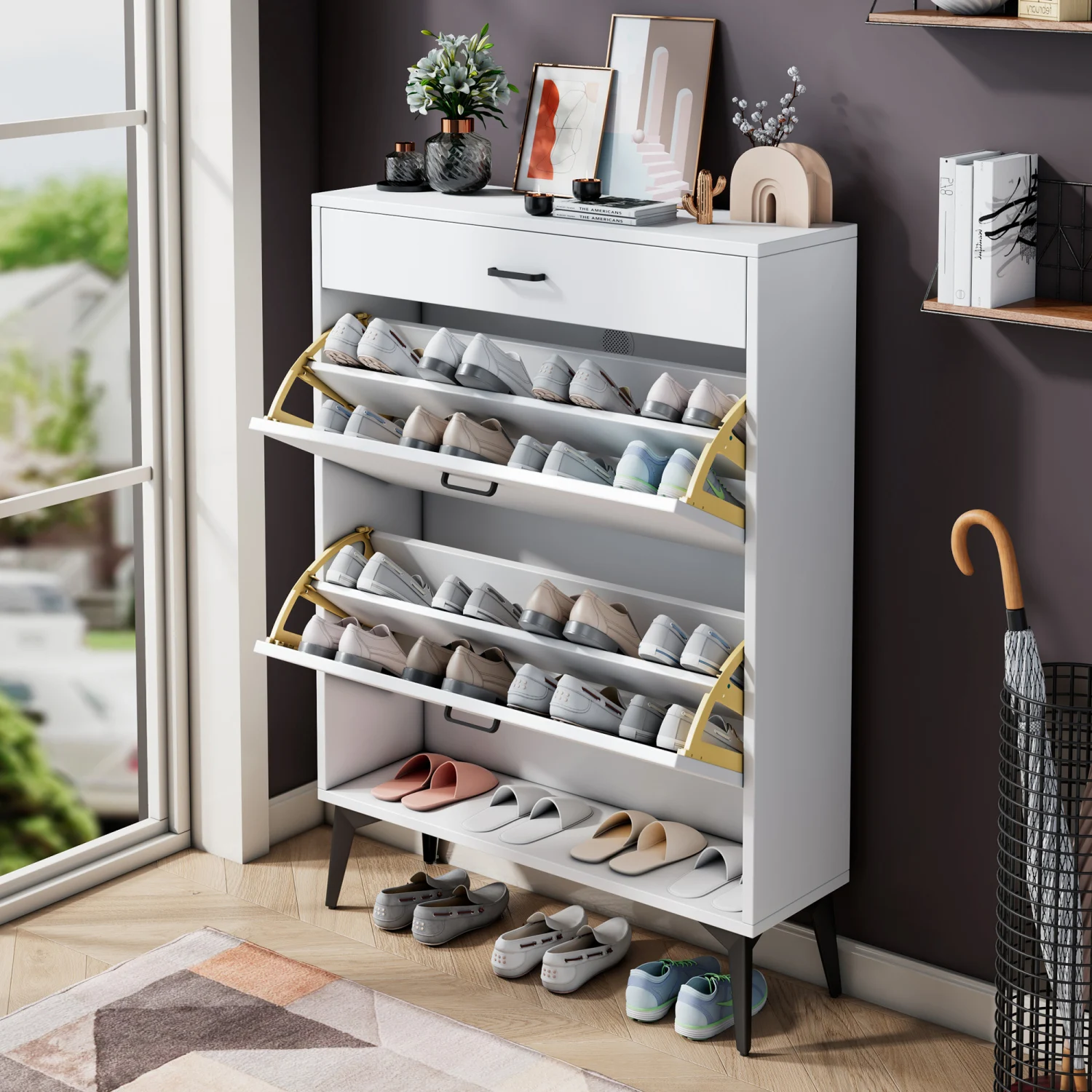 

Shoe Cabinet with Metal Leg and White Finish - Shoe Storage Shelves