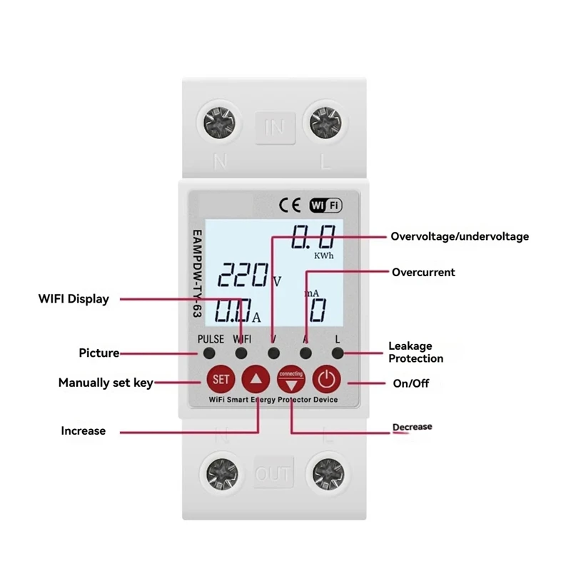 2P 63A TUYA Wifi Smart Protector Relay Device Switch Breaker Earth Leakage Over Under Voltage Energy Power Kwh Meter