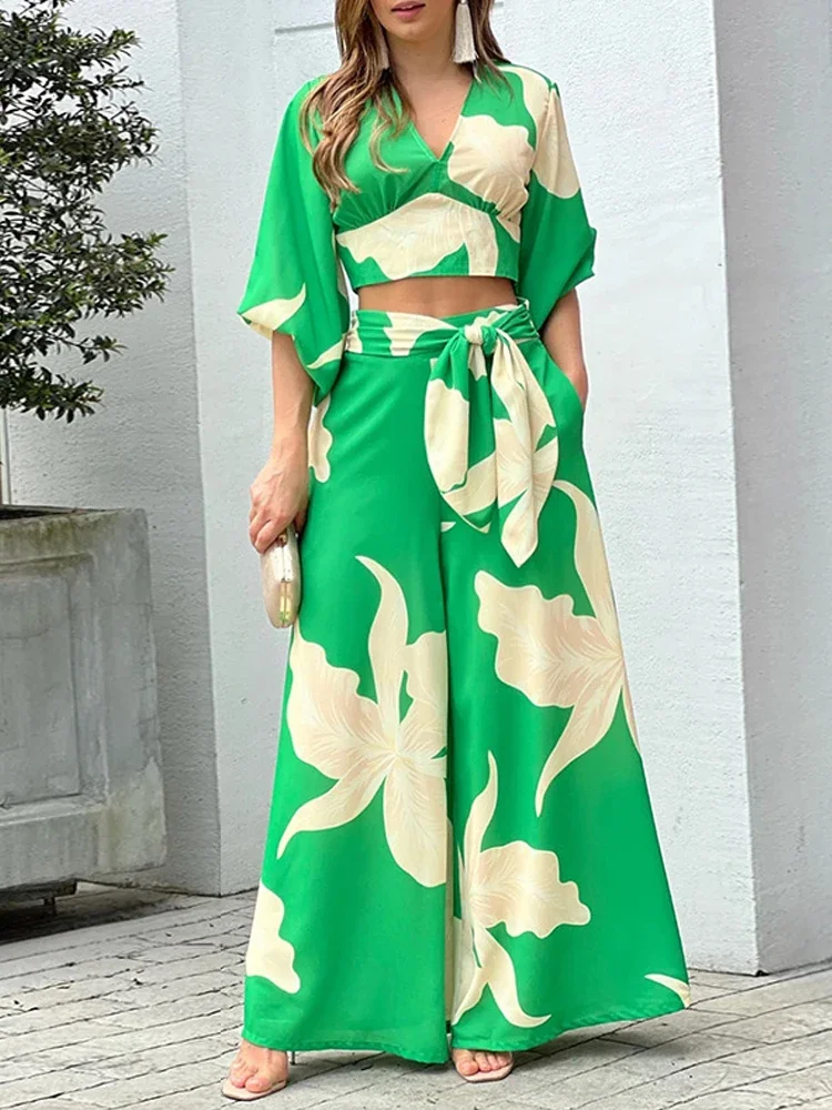 

2024 Spring Summer New Floral Print V-neck Lace Up Suit High Waist Wide Leg Pants Lantern Sleeve V-neck Top Set Women Clothing