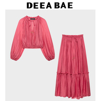 DEEABAE Summer Women's Long Sleeved Wrinkle Effect V-neck Short Top High Waist Loose And Comfortable Long Skirt Set