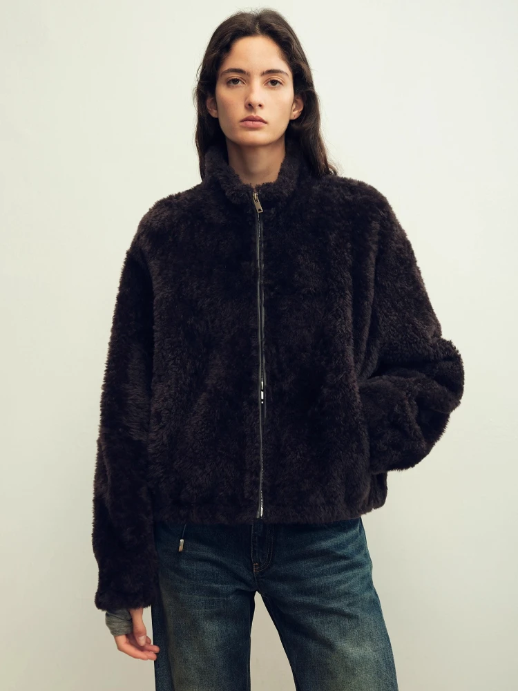 

High-end Luxury Merino Sheep Fur Lambswool Jackets for Women 2026 Simple Stand Collar Short Winter Genuine Leather Real Fur Coat