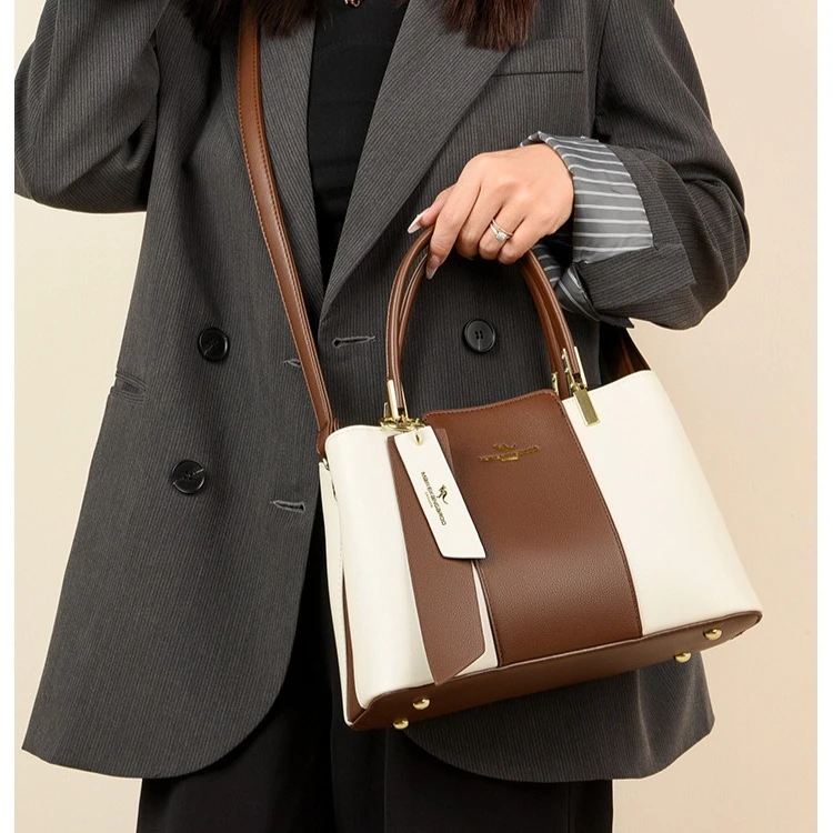 

Real leather stitching collision color women's hand tote bag large capacity horizontal square diagonal span shoulder bag