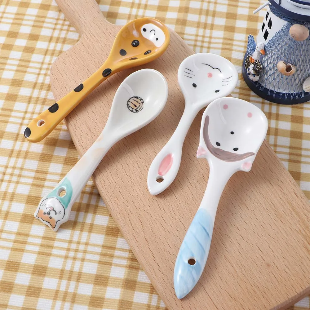 Japanese Style Cute Cartoon Animals Cat Ceramic Spoon for Children Kids Soup Spoon Milk Scoop Infant Food Feeding Tableware