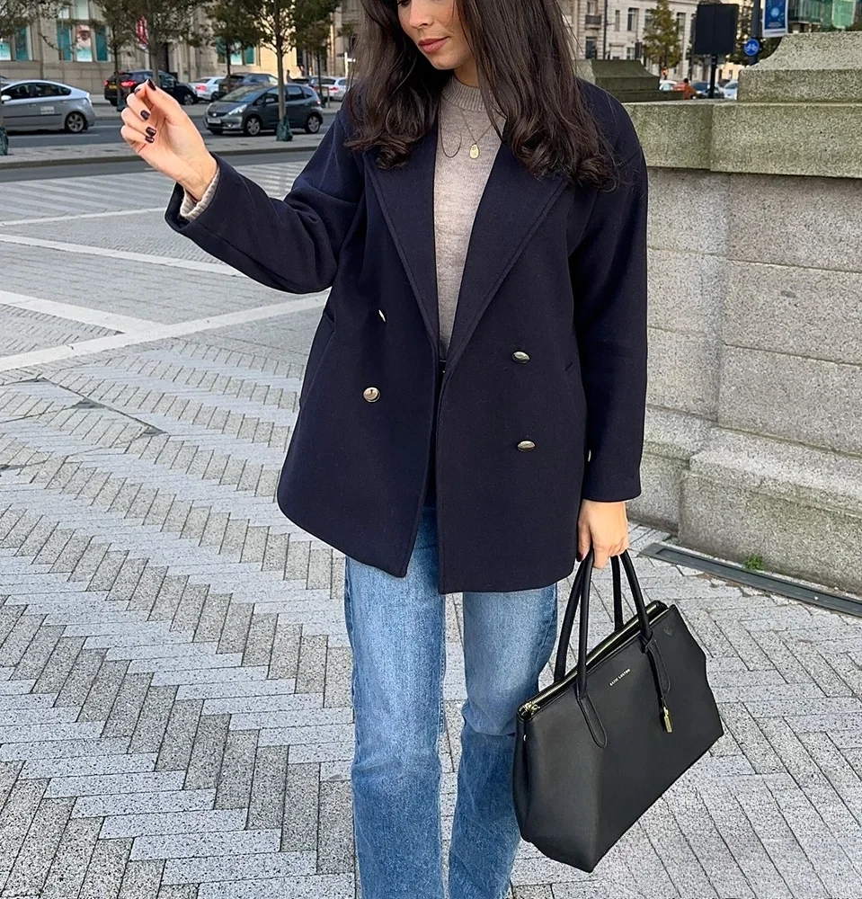 

KONDALA женское модное твидовое пальто с лацканами золотого цвета, двубортный элегантный пиджак, новинка 2024, осенне-зимнее повседневное уличное пальто