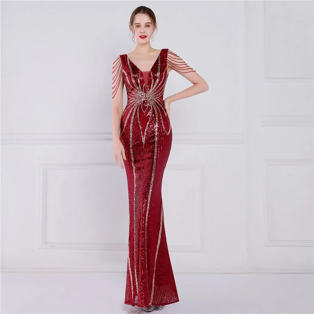 DEERVEADO Green Sequin Long Evening Dress 2024 Luxury Beading Formal Dress Women Elegant Evening Gown Chic Woman Maxi Dress