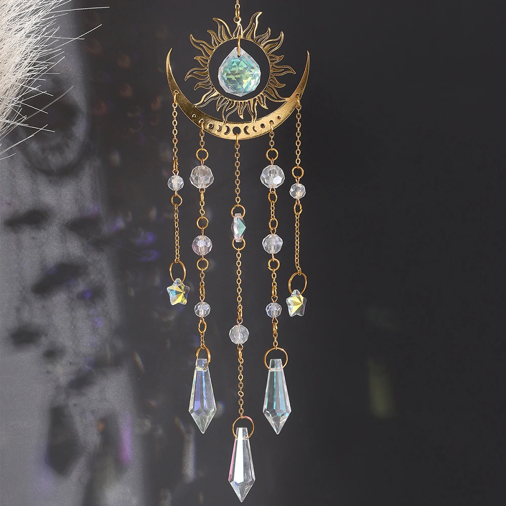 

1PC Gold Flame Moon Crystal Pendant Sun Catcher Outdoor Garden Hanging Ornament Room Ceiling Hanging Ornament