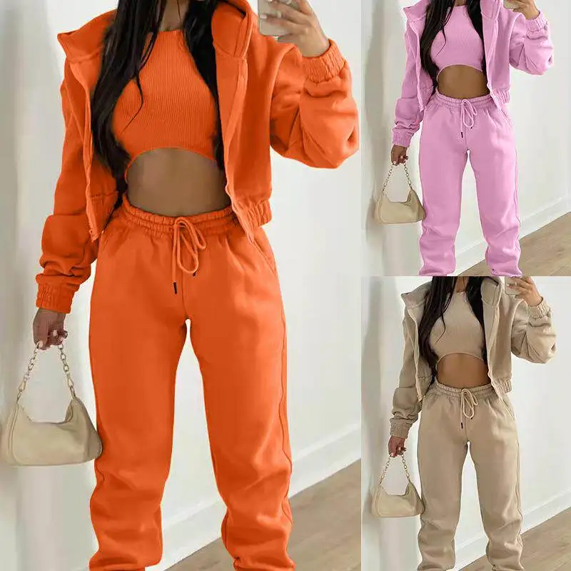 

Spring 2026 Fashionable Sporty Casual Hooded Fleece Lined Sweatshirt Set Women's Cross-Border Clothing Comfortable Commute Style