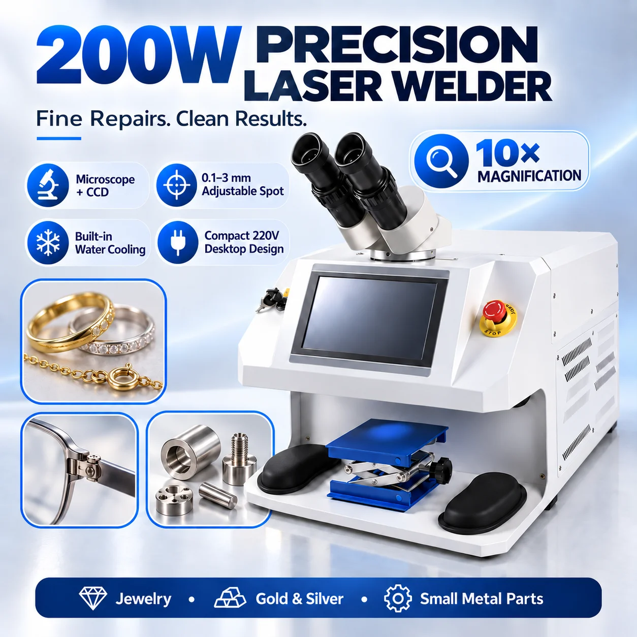 Saldatrice a punti per gioielli da banco, 200W, con laser YAG a impulsi e sistema CCD per gioielli/oro/argento/metallo, 100W, ingrandimento 10X.