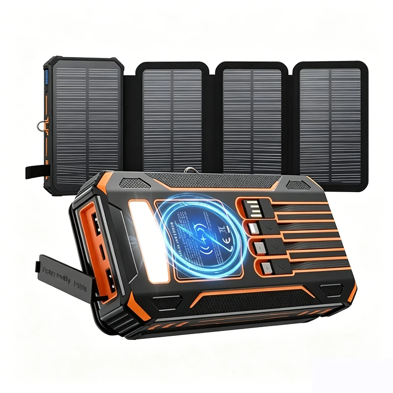 20000mAh Solar Power Bank with 4 Solar Panel Portable Wireless Charger Type C Fast Charging Powerbank for iPhone Samsung Xiaomi