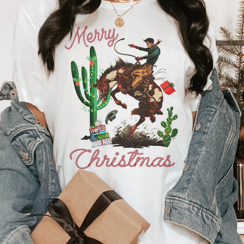 kuakuayu HJN Merry Christmas Cowboy Rodeo T-Shirt Women Cute Funny Holiday Graphic Tee Shirt Vintage Western Tshirt New Year Top