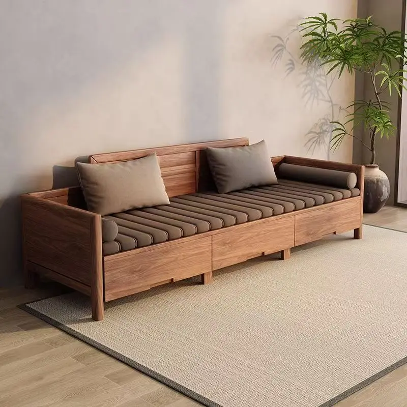 New Chinese walnut solid wood bed full living room study modern simple storage