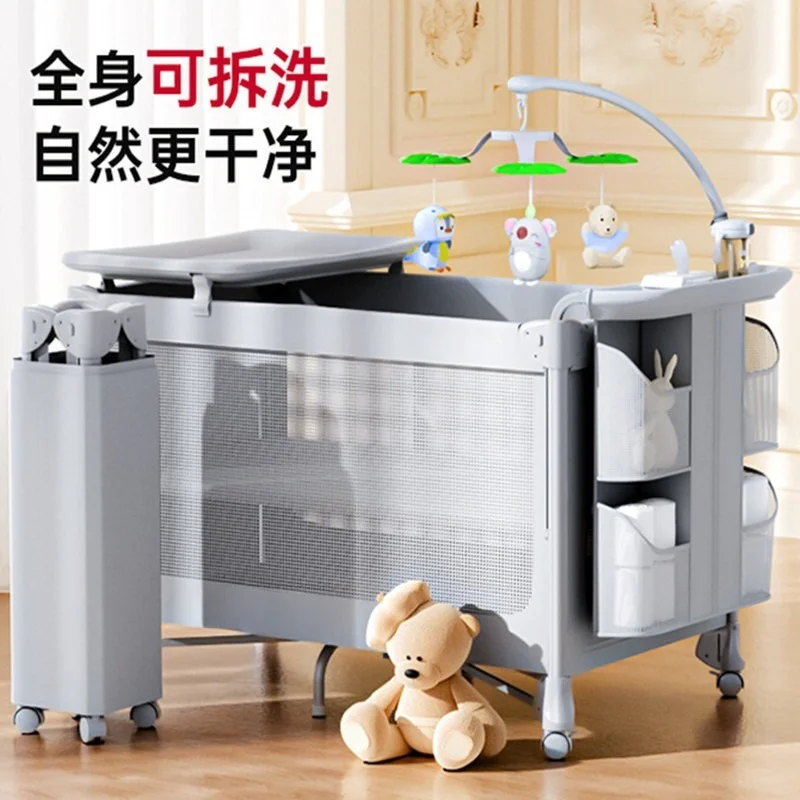 One-click Closing Crib Multifunctional Newborn Bed Mobile Splicing Bed with Diaper Table