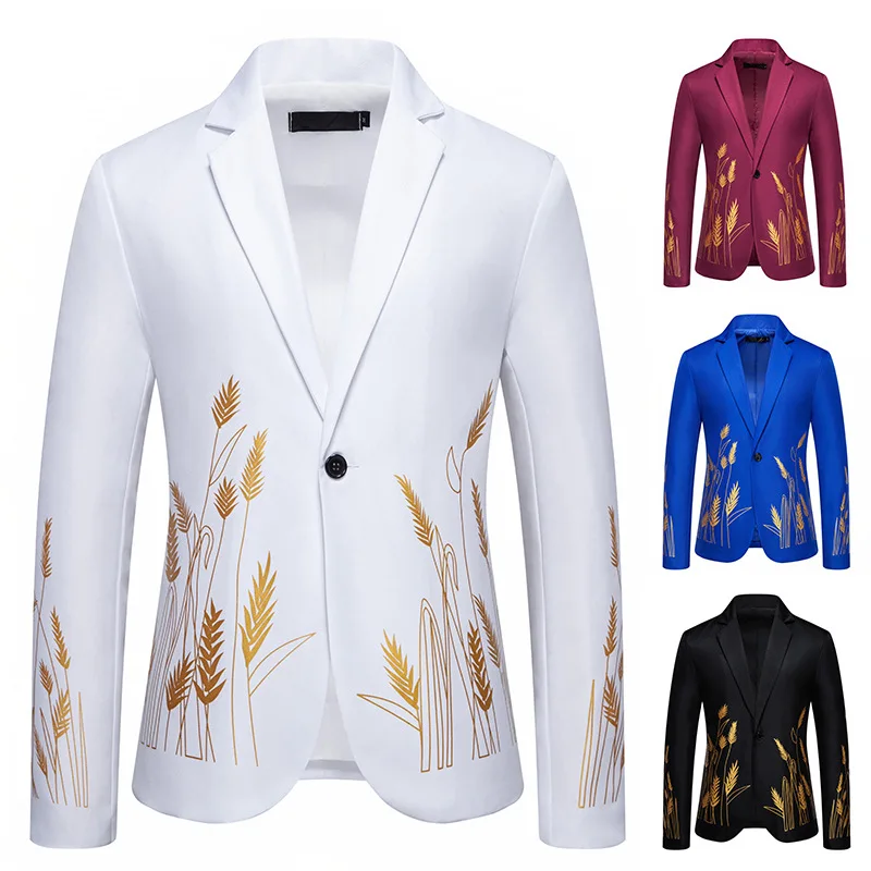

Royal Court Sle Wheat Spike Print Single Button Performance Suit Jaet Men's Large Size Singer Performance Ceremony Dr