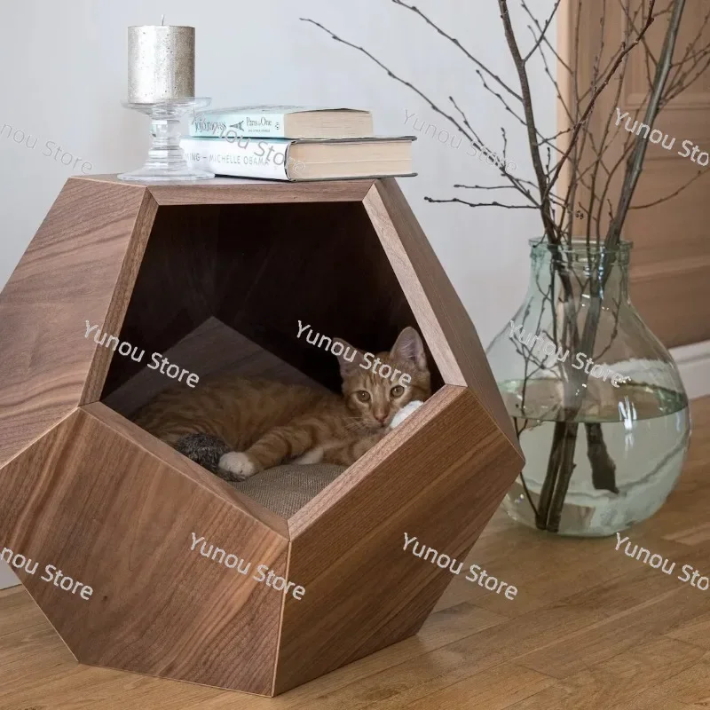 Home Modern Wood Walnut Veneer MDF Cat Hole Bed, Pet Furniture Geometric Side Table